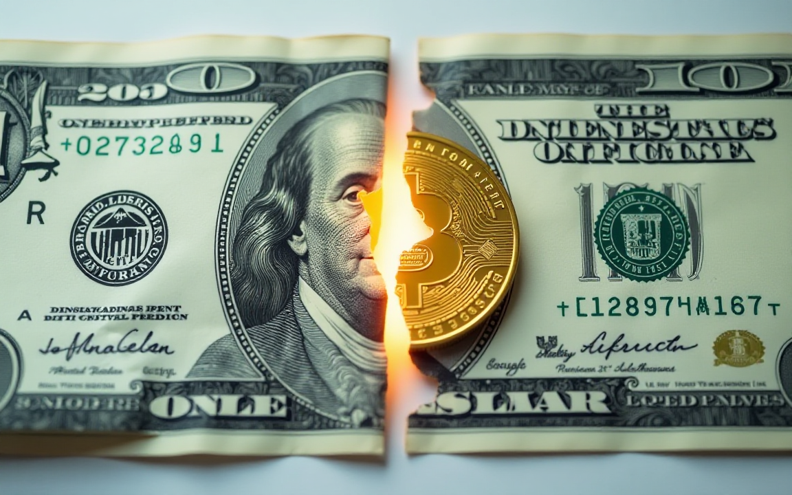 A stablecoin splitting a US dollar bill in half, symbolizing the disruption of traditional finance by digital currencies