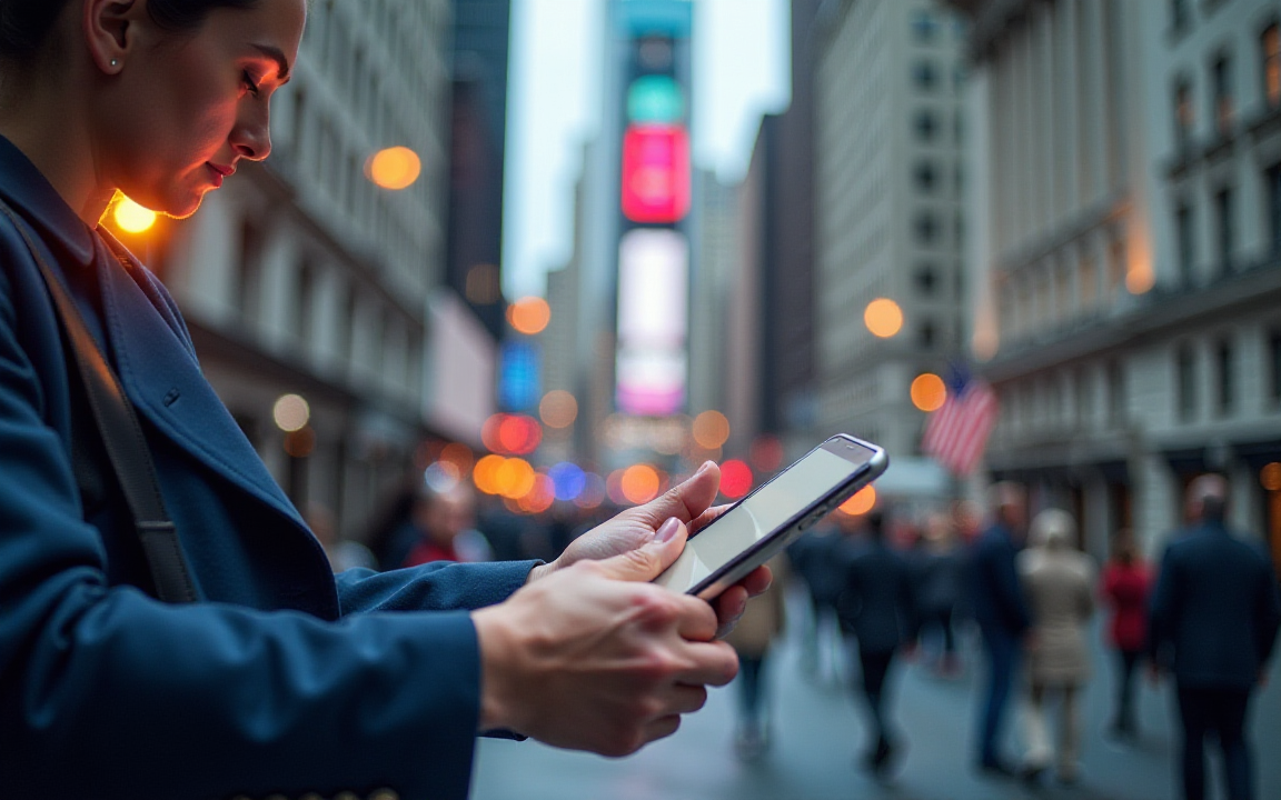 Woman checks financial news on her phone in a busy city street with Wall Street atmosphere in the background.