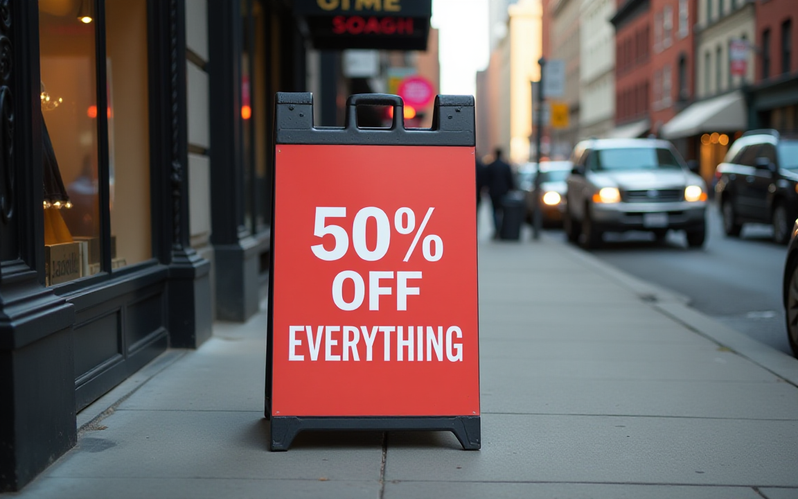 A bright red sidewalk sign in a shopping district displays "50% OFF EVERYTHING," highlighting aggressive discounting amid weakening consumer demand.