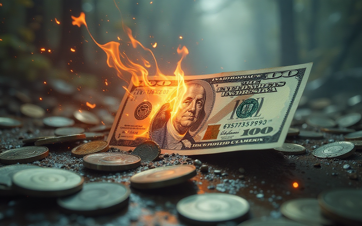 A $100 US dollar bill burning amidst scattered coins, symbolizing the 2025 dollar crash and investor panic.
