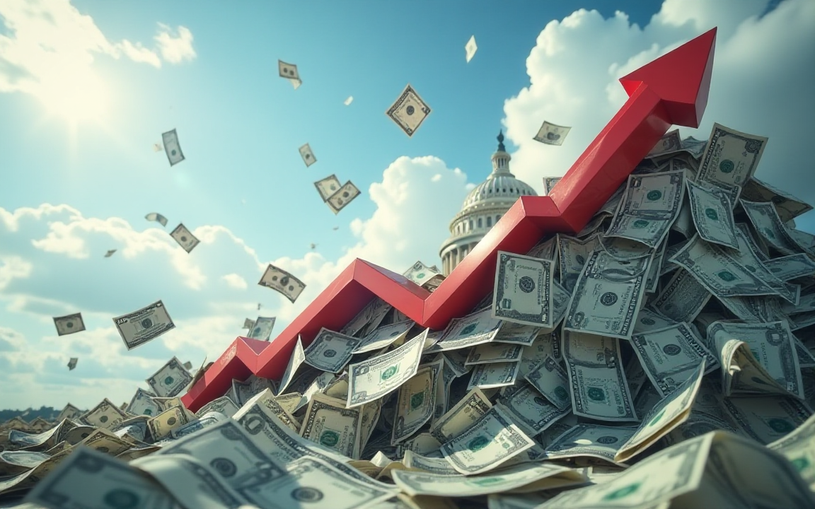Red arrow rising over a pile of US dollar bills with the Capitol in the background, symbolizing the growing US debt crisis in 2025