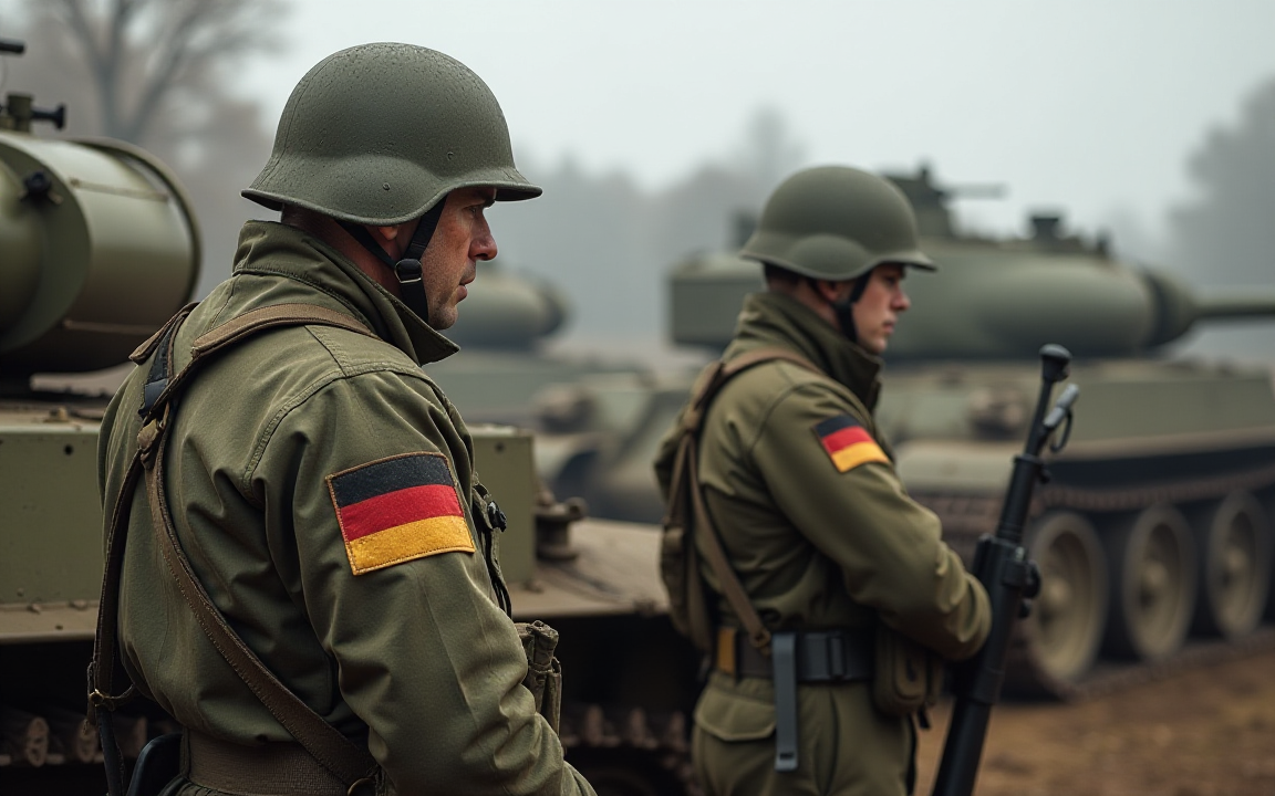German soldiers in uniform stand beside tanks during a military exercise, highlighting Germany’s defense buildup and conscription debate.