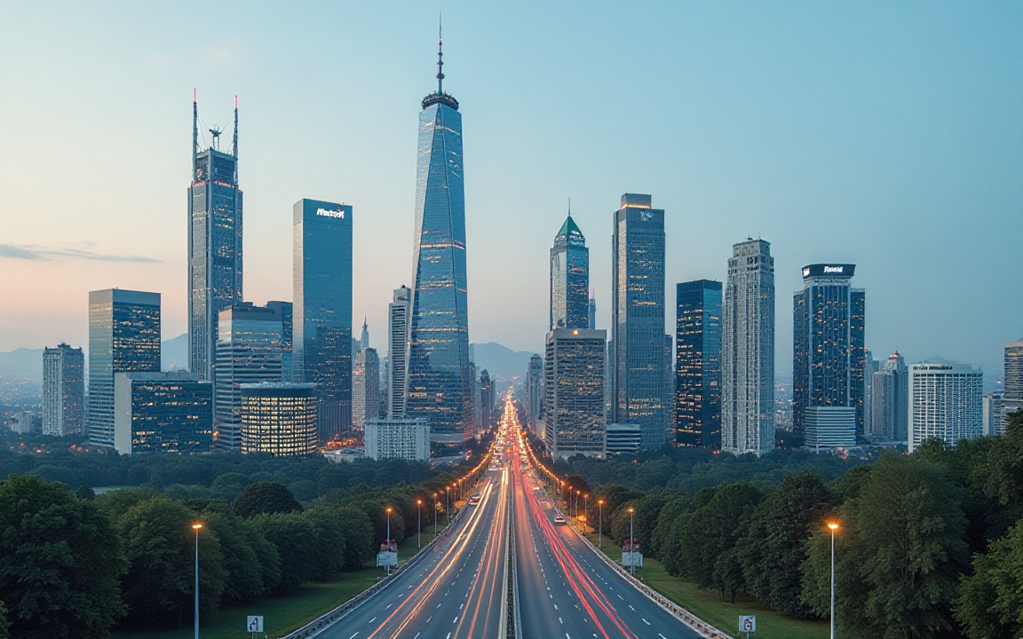 A futuristic city skyline with tall skyscrapers, including buildings with Meta and other tech logos, symbolizing the tech industry’s race for AI dominance.