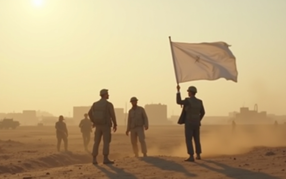 Group of soldiers and officials in a dusty landscape at sunset, with one man raising a large white flag.