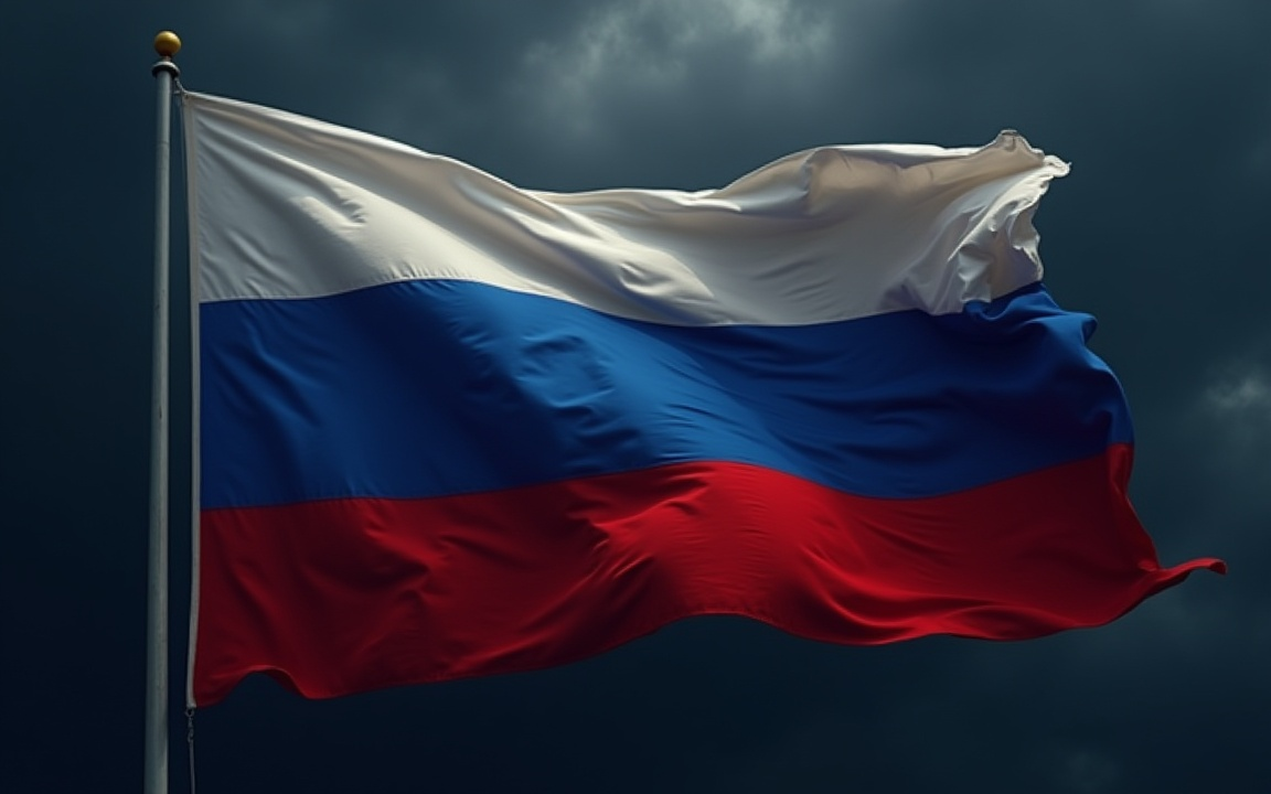 Russian flag waving against a dark, cloudy sky, symbolizing national resilience amid economic and political uncertainty.