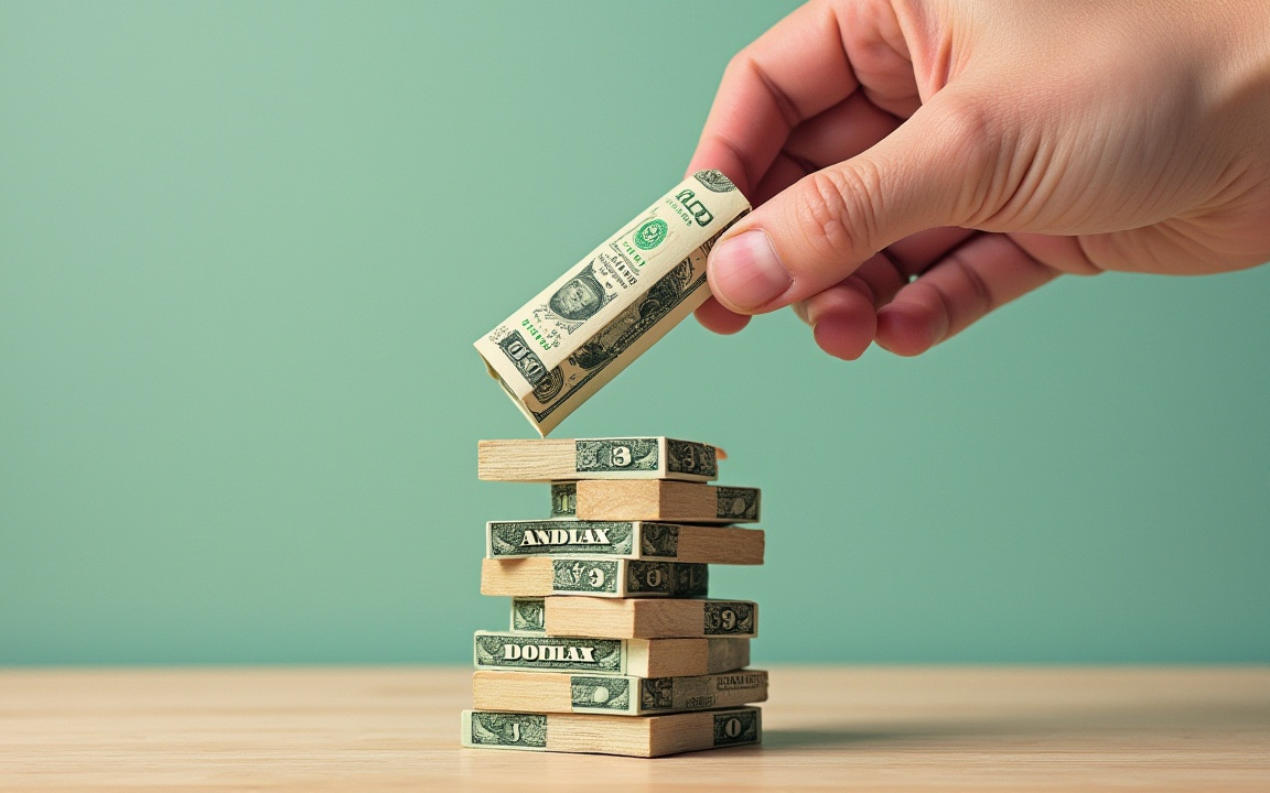 A hand stacking wooden blocks wrapped in dollar bills, symbolizing the growth and instability of leveraged private equity investments.