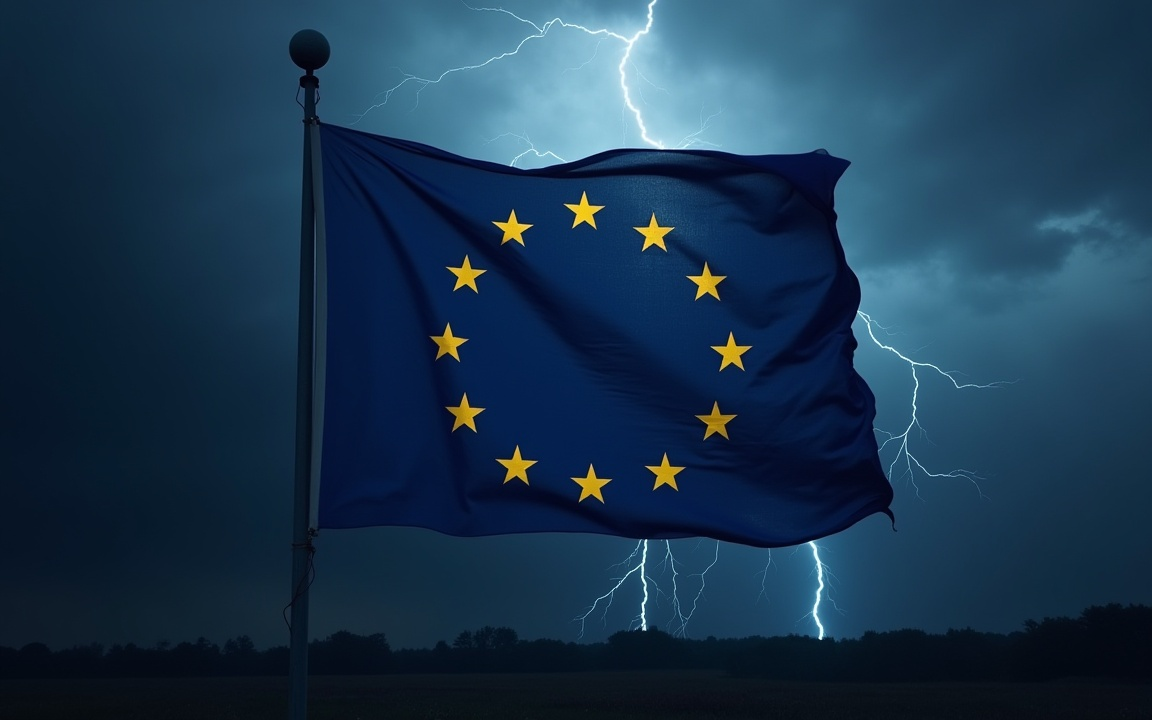 European Union flag waving in front of a dark stormy sky with lightning bolts, symbolizing economic and political challenges in Europe.