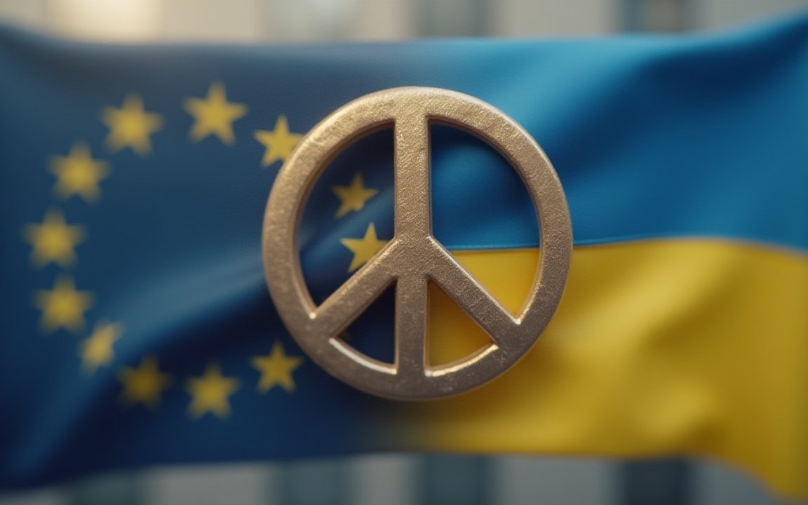 A peace symbol in front of combined European Union and Ukrainian flags, symbolizing calls for diplomacy and unity amid the EU’s internal divisions over the Ukraine war.