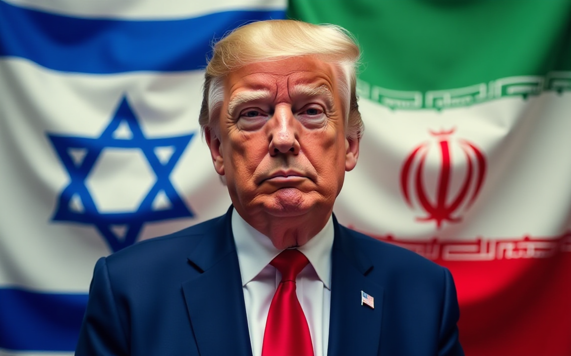 Donald Trump standing in front of Israeli and Iranian flags, symbolizing his role in brokering the ceasefire.