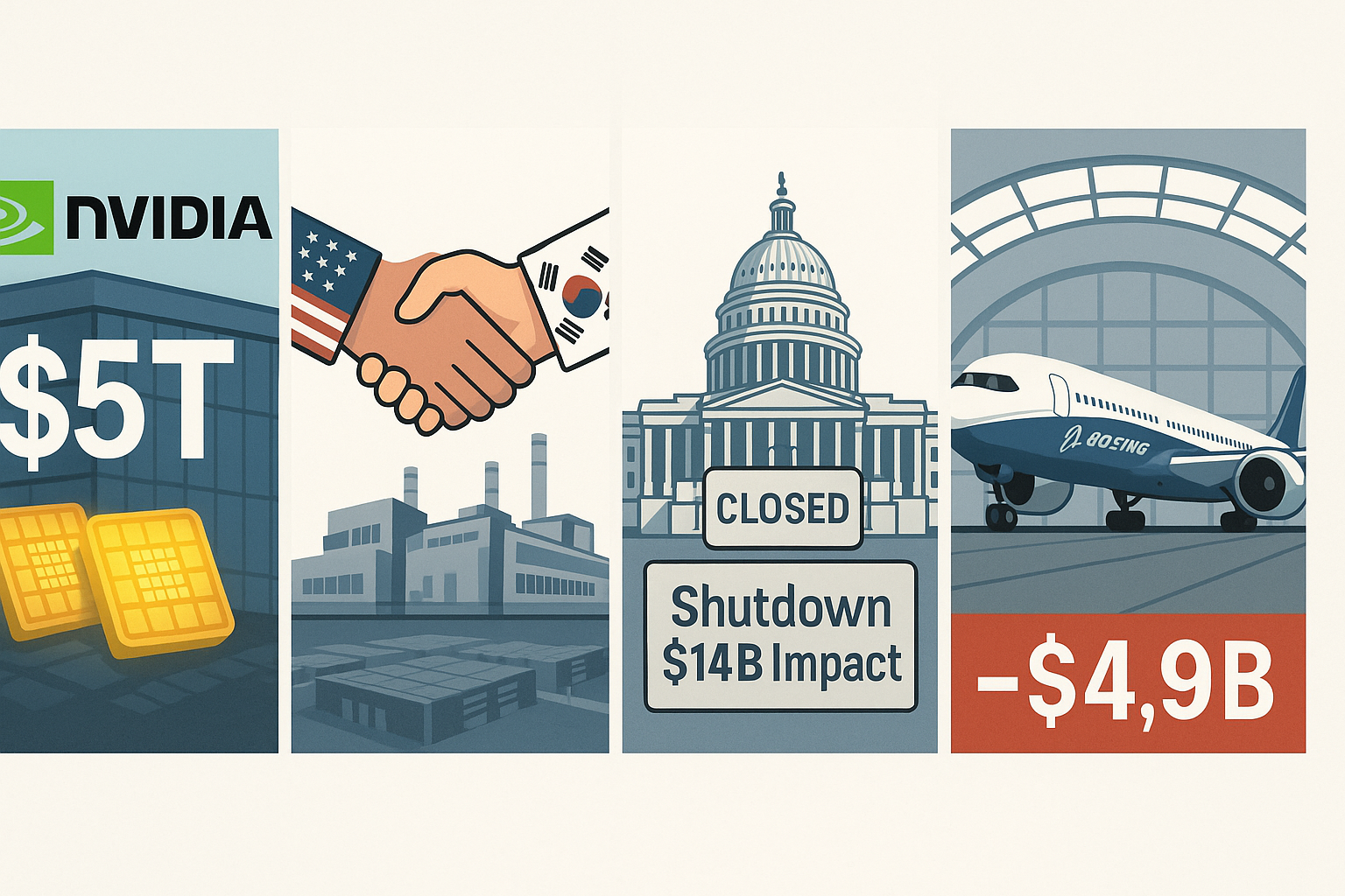 Nvidia hits $5T, US-Korea seal $450B deal, US shutdown drags economy, Boeing books $5B hit.