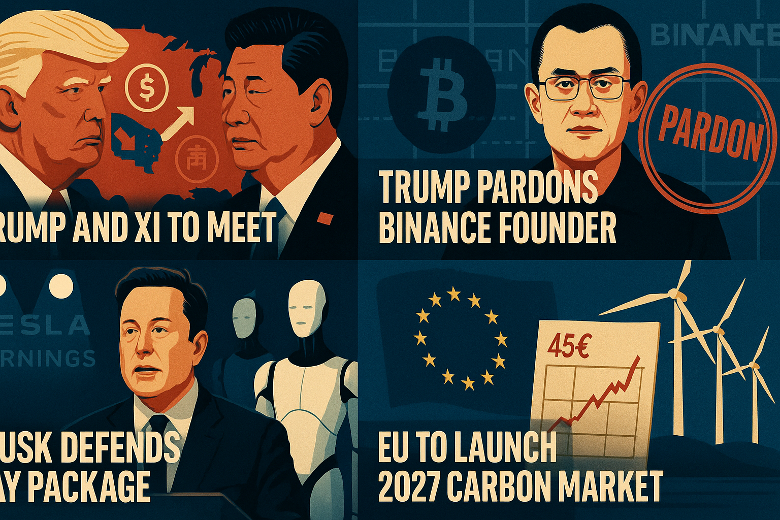 Trump–Xi to meet in Seoul as trade war re-ignites; Trump pardons Binance’s CZ; Musk defends $1T pay; EU readies 2027 carbon market.