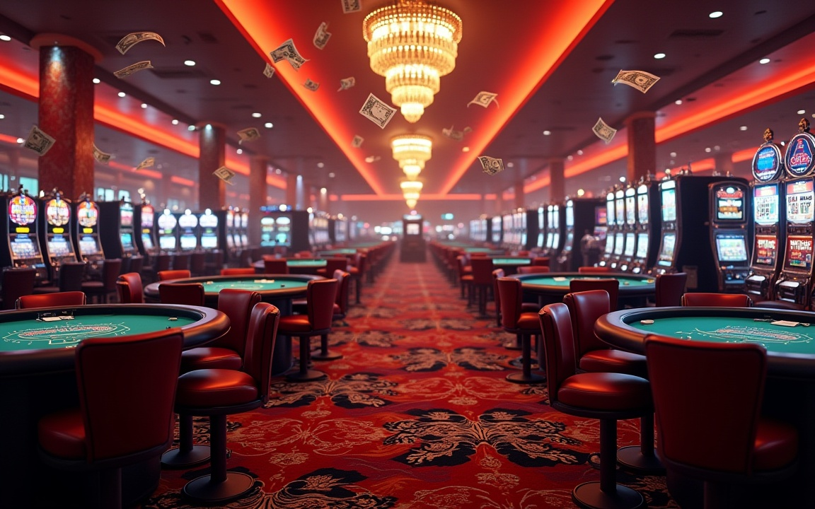 Interior of a brightly lit casino with empty poker tables, red carpets, slot machines lining the walls, and dollar bills floating through the air.