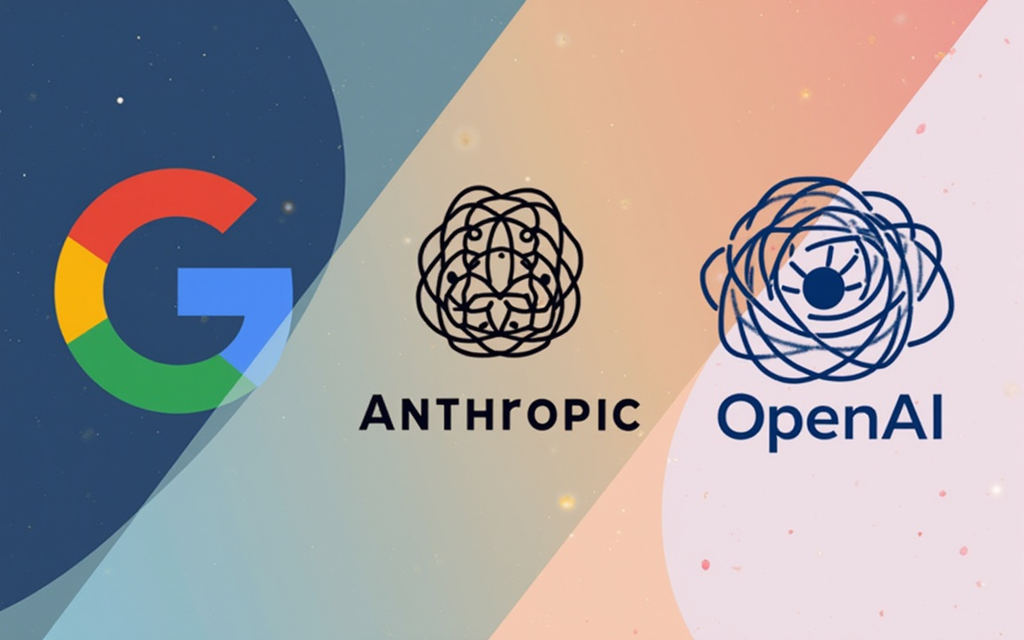 Logos of Google, Anthropic and OpenAI displayed side by side, representing the major competitors in the AI race.