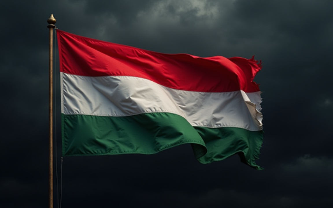 Hungarian flag waving against a dark stormy sky, symbolising uncertainty around Hungary’s economy.
