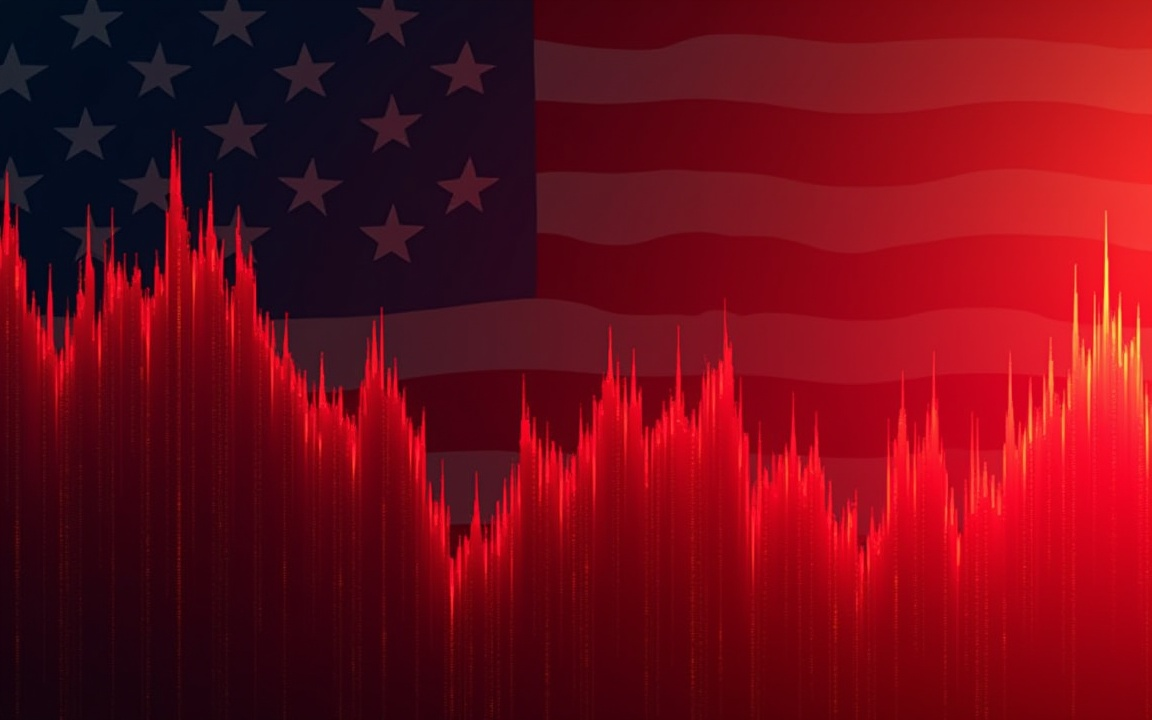 A red declining stock market chart overlaid on a faded United States flag, symbolizing market losses and economic tension.
