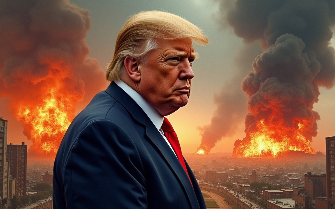 Donald Trump standing in front of a city skyline with large fireballs and smoke plumes rising in the background.