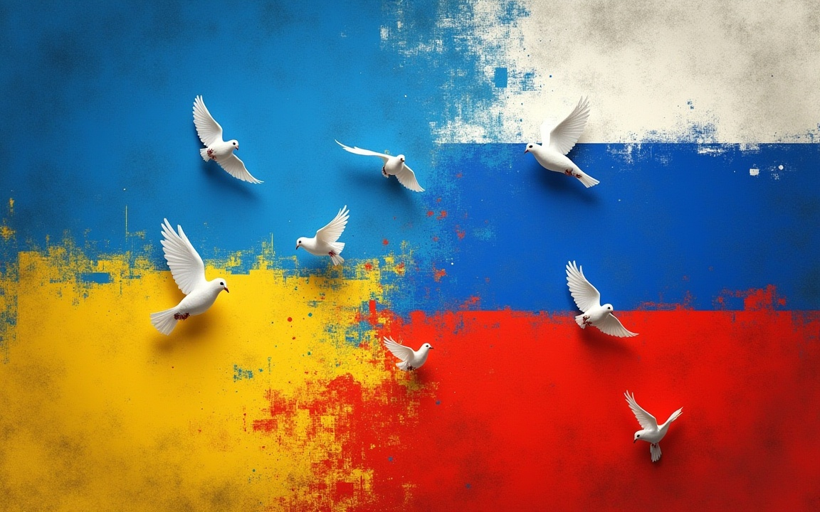 White doves flying across a blended Ukraine and Russia flag background painted in rough, textured colors.