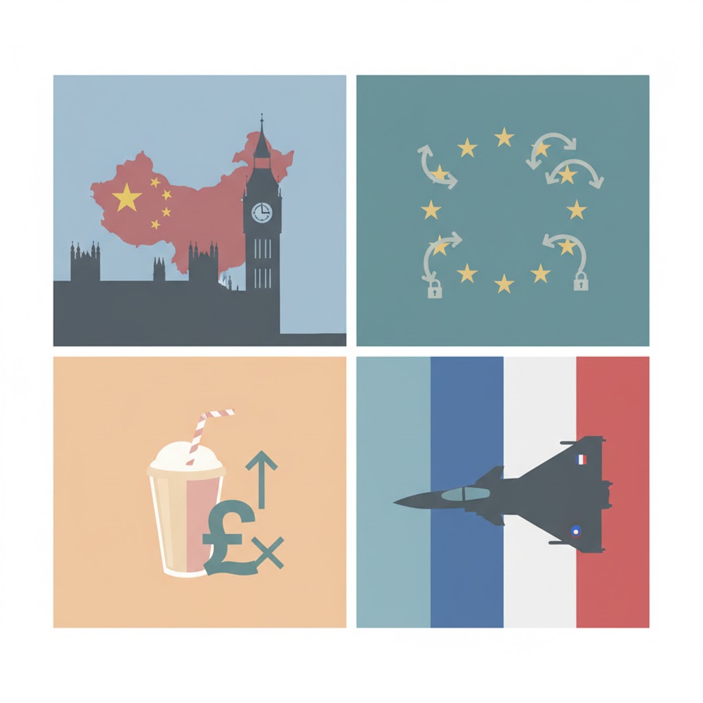 Europe: China–UK security tensions, stricter EU asylum rules, UK’s “milkshake tax,” and Ukraine’s Rafale deal.