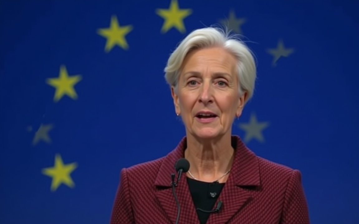 Christine Lagarde speaking in front of an EU flag during a speech on Europe’s AI strategy.