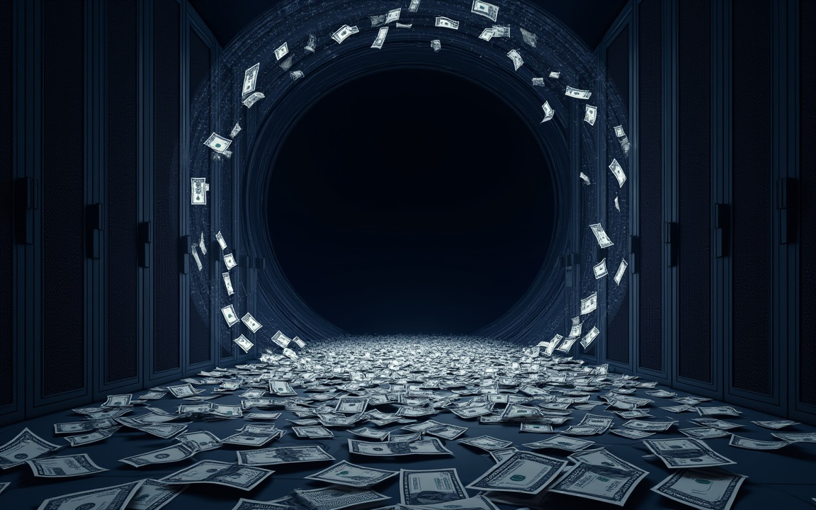 Dark data center corridor with a swirling vortex of floating dollar bills, symbolizing money being pulled into AI infrastructure and debt.