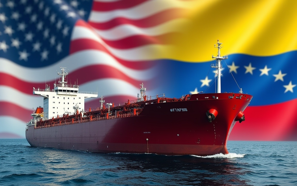 Oil tanker at sea with U.S. and Venezuelan flags in the background, symbolizing rising tensions over Venezuela’s oil exports and sanctions.