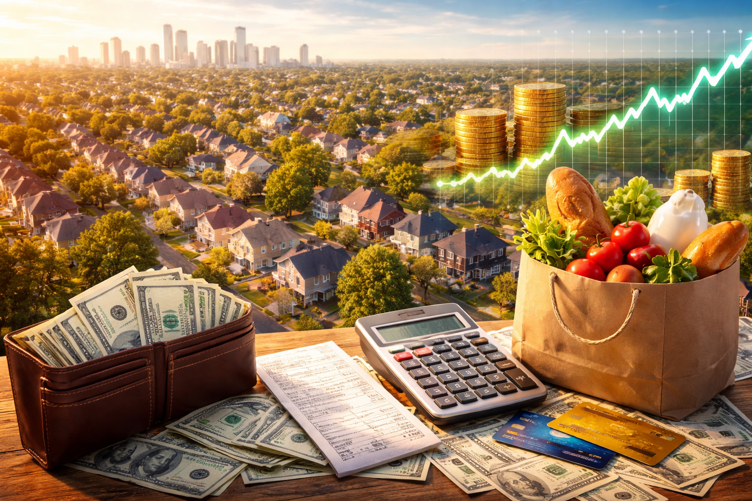 A wide view of suburban American homes and a city skyline under rising sunlight, symbolizing household wealth and everyday cost-of-living pressure.