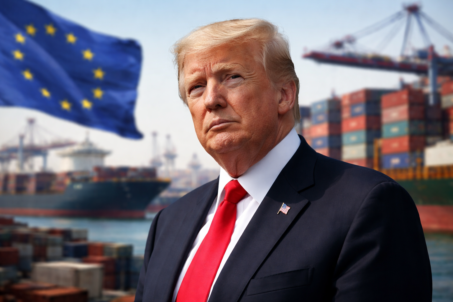 Donald Trump stands in the foreground at a shipping port, with cargo containers, a cargo ship and an EU flag blurred in the background.