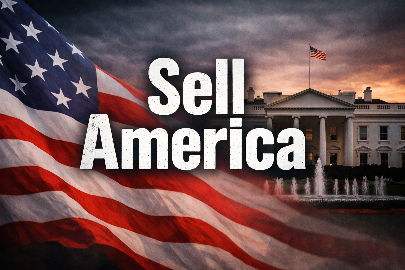 Sell America headline over a US flag and the White House, illustrating renewed investor fears over US markets, the dollar and geopolitical risk.