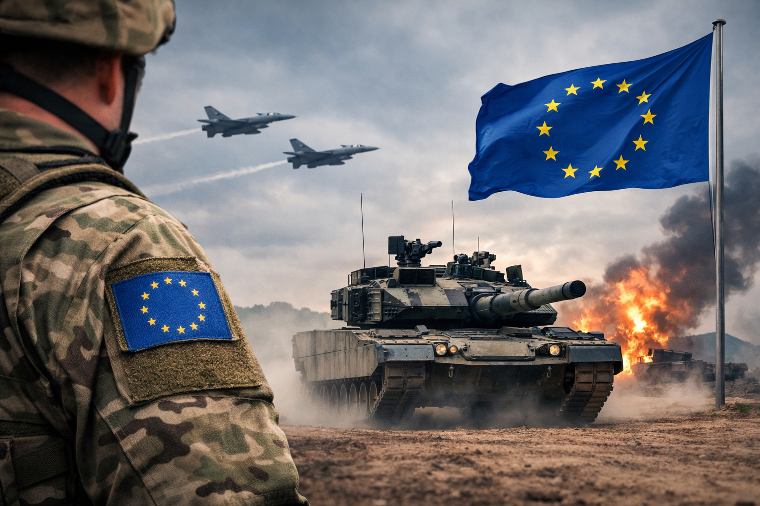 European flag against a subdued background symbolizing Europe’s defence challenges, rising security costs, and the growing role of defence spending in Europe’s economic outlook.
