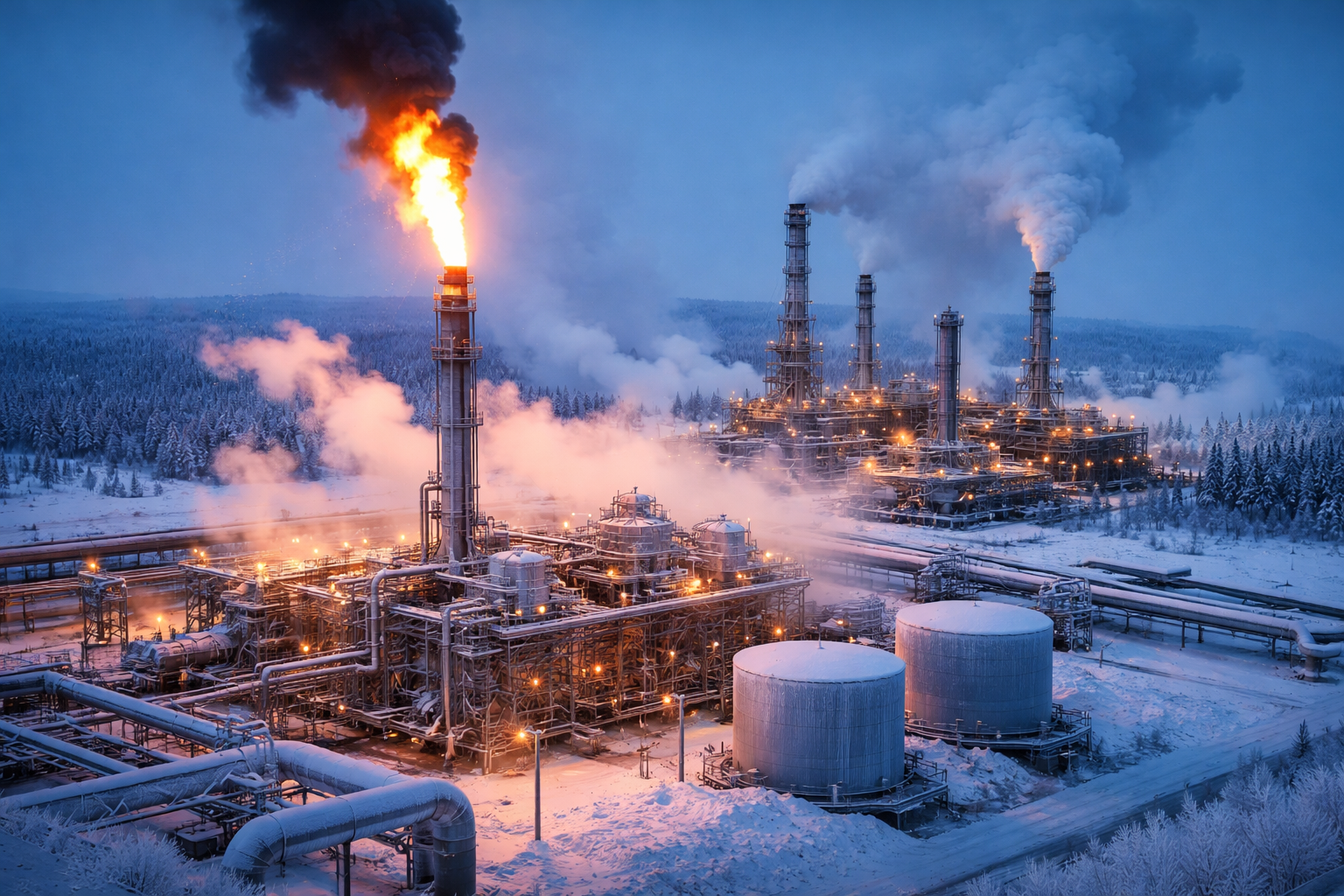 Snow-covered US natural gas facility with flare stack burning during extreme winter cold, highlighting energy supply stress and price volatility.