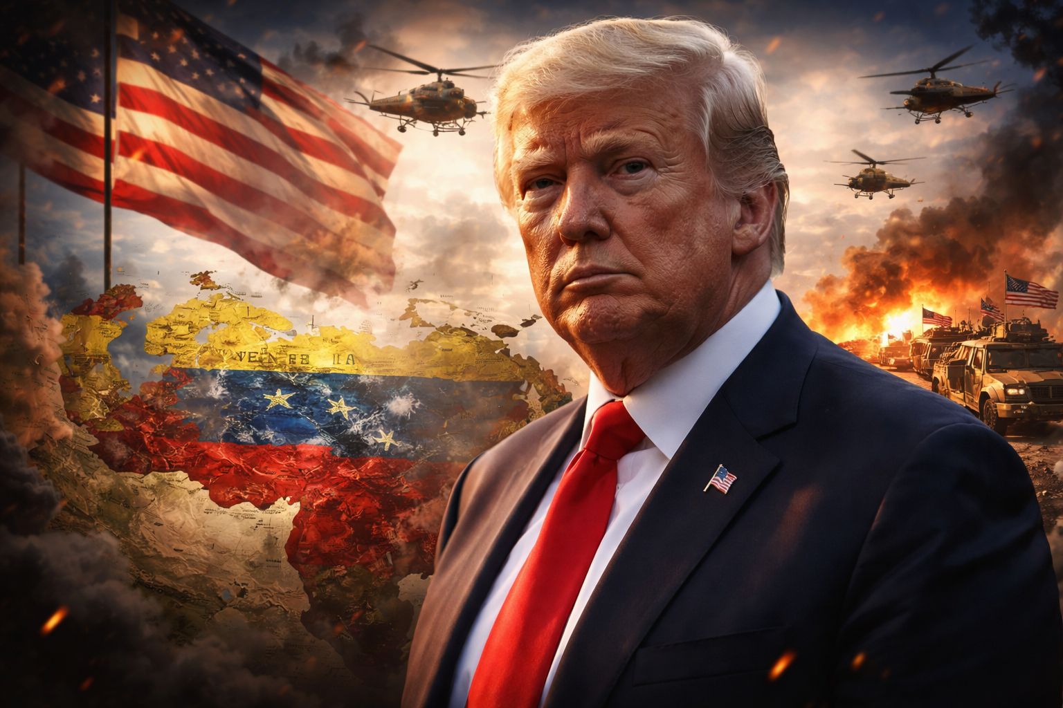 U.S. President Donald Trump stands in the foreground against a dramatic backdrop featuring Venezuela, U.S. military aircraft, armored vehicles, fire and smoke.