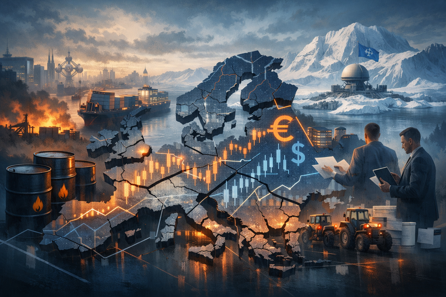 Europe faces market volatility from Iran tensions, UK wage-hiring strains, French farm protests, and NATO unity tested over Greenland.