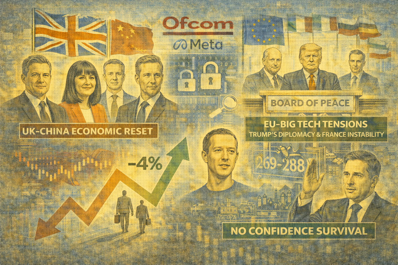 Europe turns transactional: UK resets China ties, Ofcom probes Meta, EU challenges Trump, France clings to power.