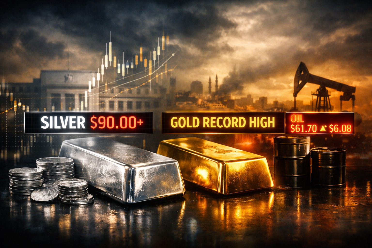Silver hits record high above $91/ounce. Geopolitical risk and Fed rate cut speculation fuel its dramatic surge.