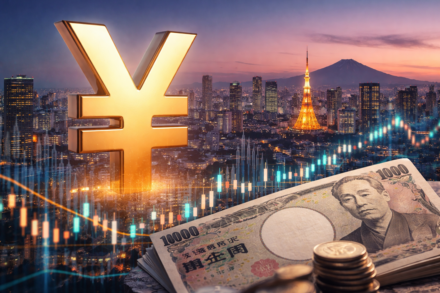 Japanese yen symbol over Tokyo skyline as currency markets react to political and global economic shifts.