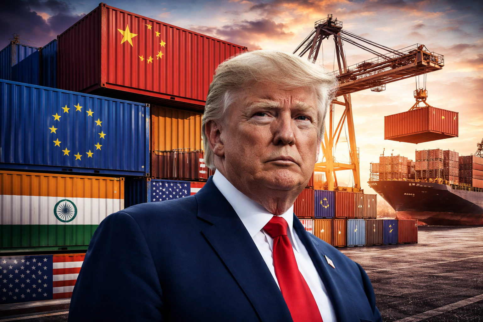 Donald Trump at a container port with shipping containers showing US, China, EU and India flags, symbolizing global trade tensions after the Supreme Court ruling on Trump tariffs.