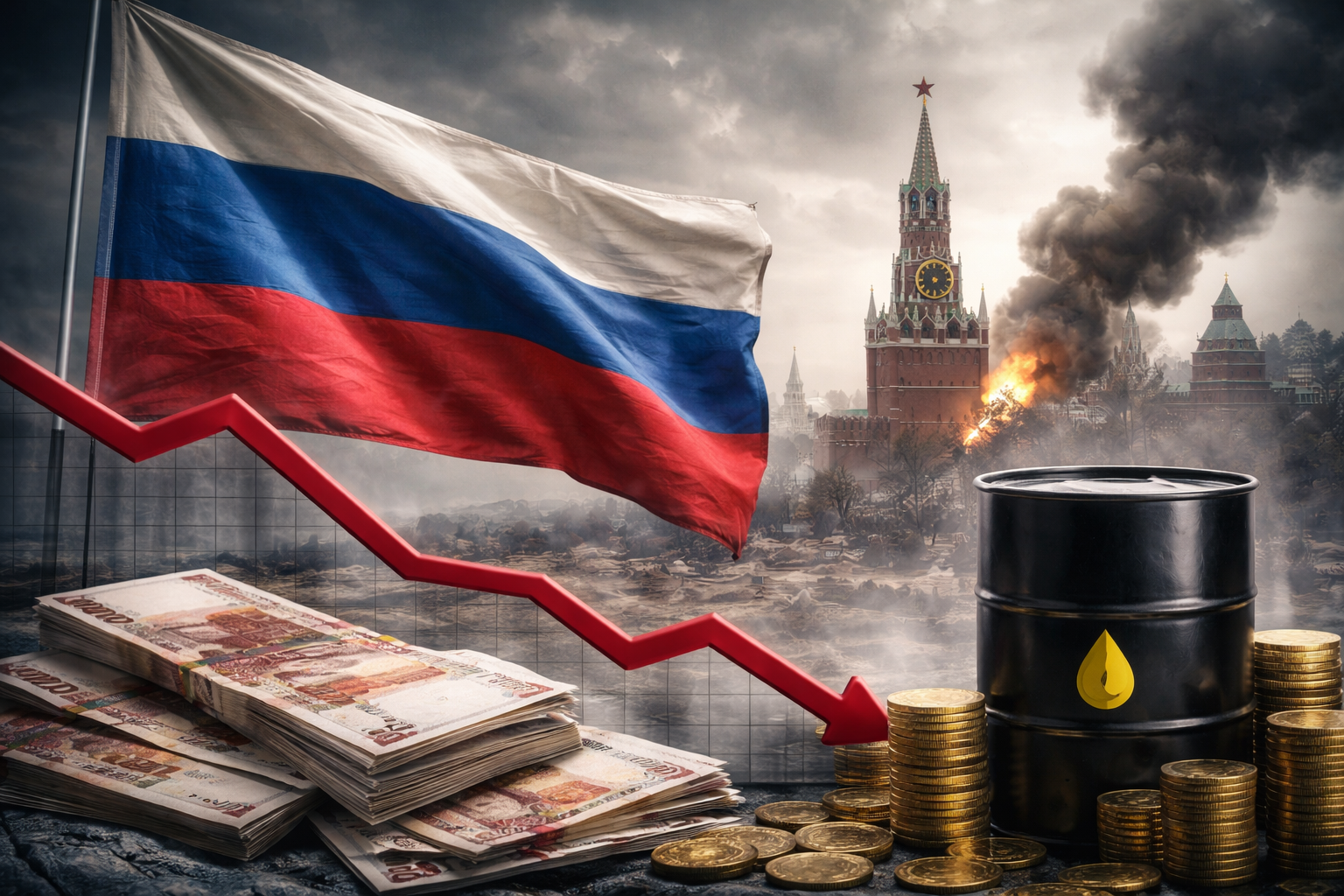 Illustration showing Russia’s economy under strain, with oil barrels, falling financial indicators, and the Kremlin in the background.