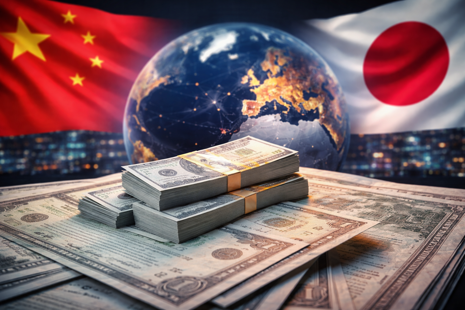 Global flows into US Treasuries illustrated with dollar bills, world map, and China and Japan flags.