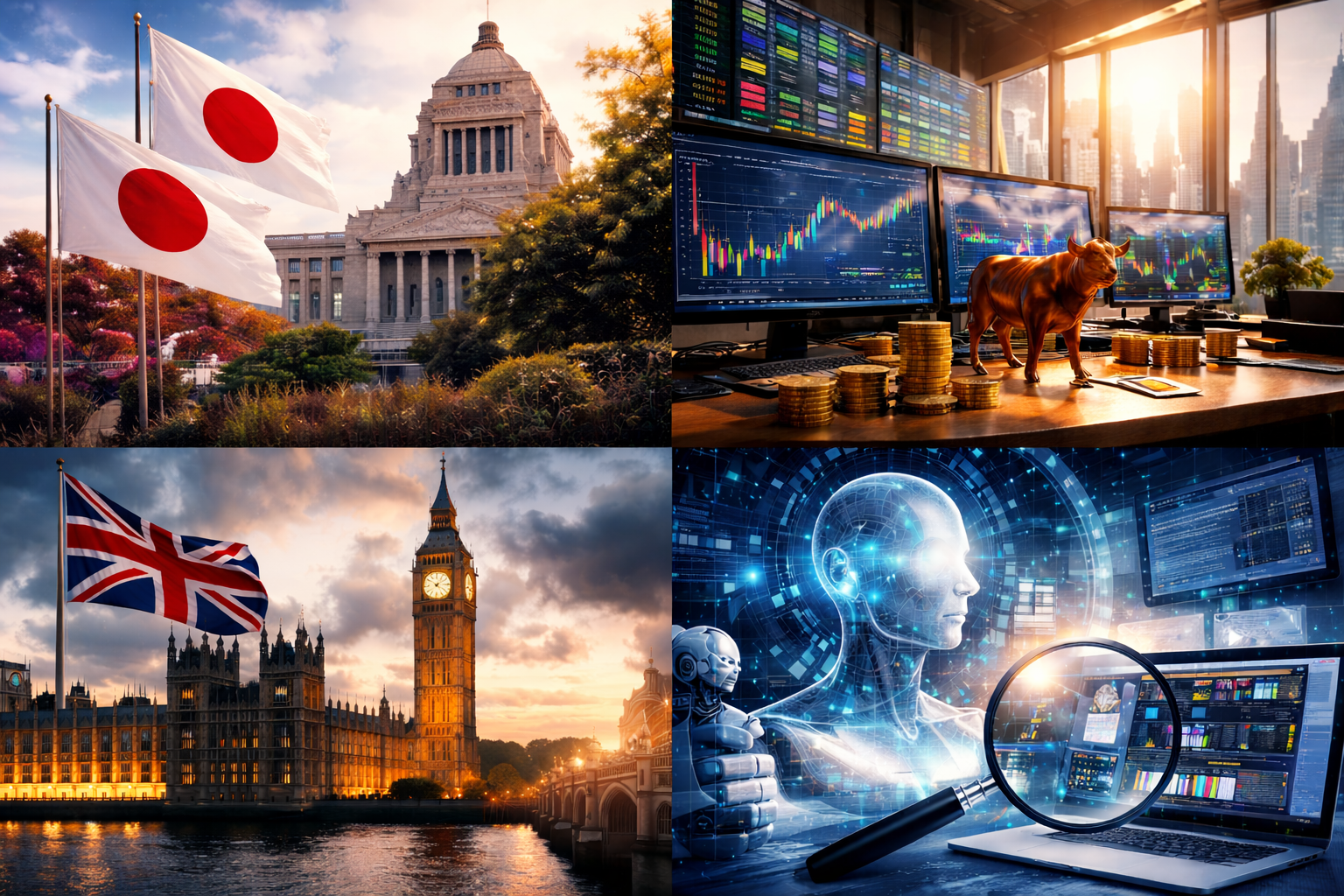 Four-panel realistic composite showing Japan’s National Diet Building, a financial trading desk with monitors and bull statue, the UK Parliament and Big Ben by the River Thames, and a futuristic artificial-intelligence workstation.