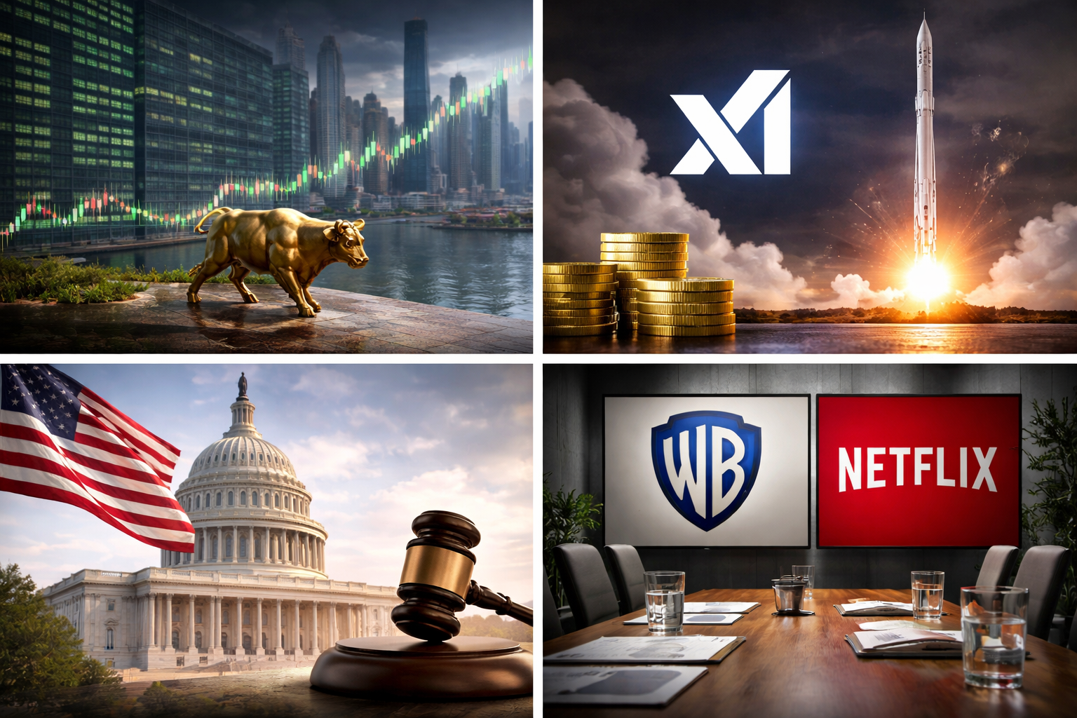 Four-quadrant news image showing an Asian financial district skyline, a rocket launch representing technology developments, the US Capitol with a gavel symbolizing political policy debate, and a corporate boardroom indicating a media takeover battle.