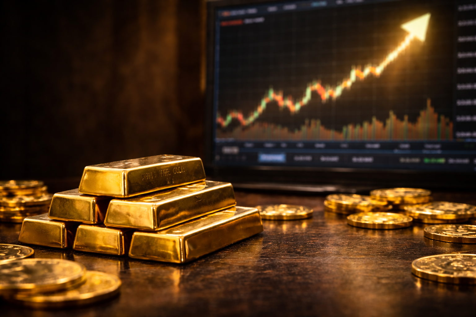 Close-up of stacked gold bars and scattered gold coins on a desk, with a blurred financial chart glowing in the background.