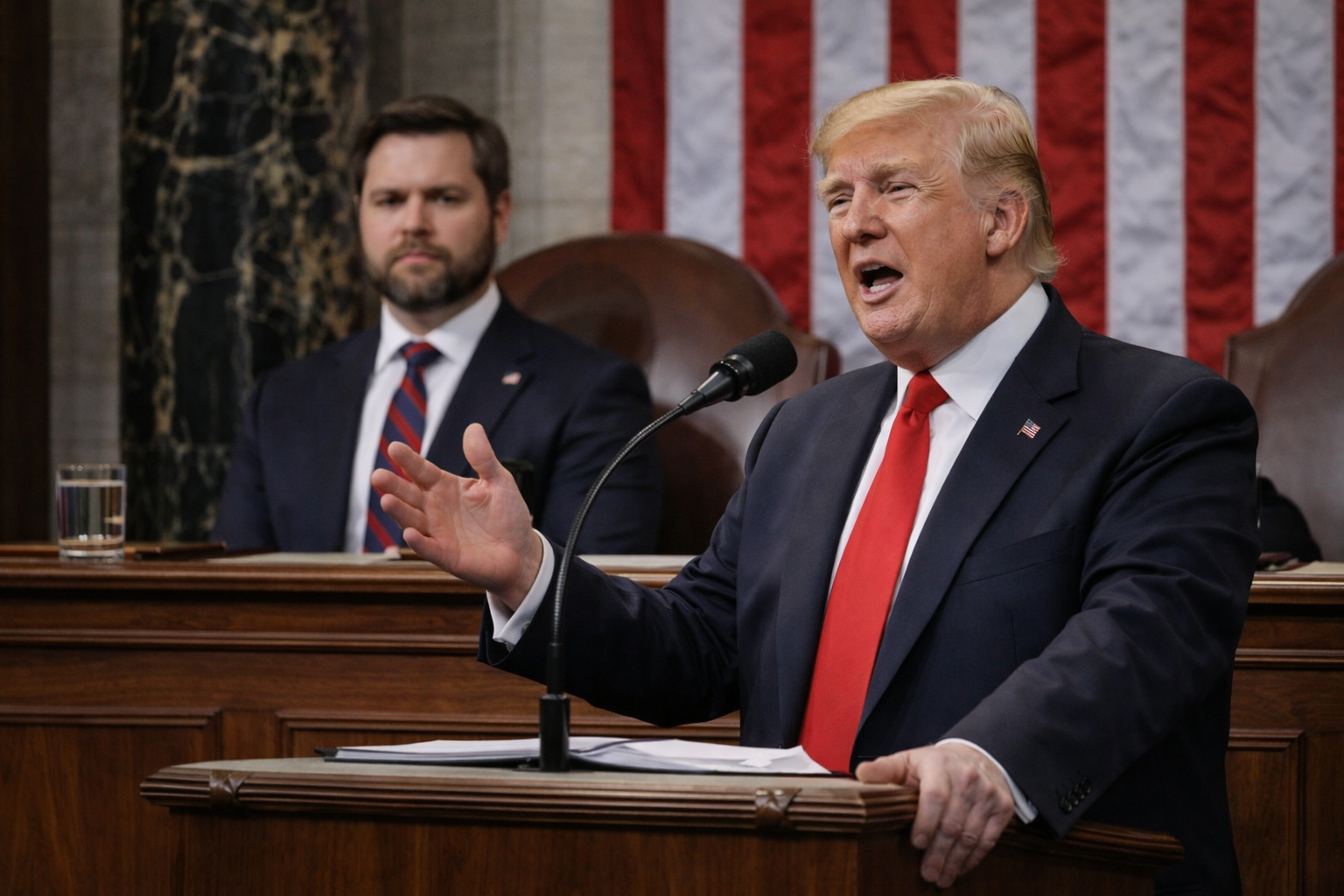 Donald Trump speaks at the podium during an address to the US Congress.