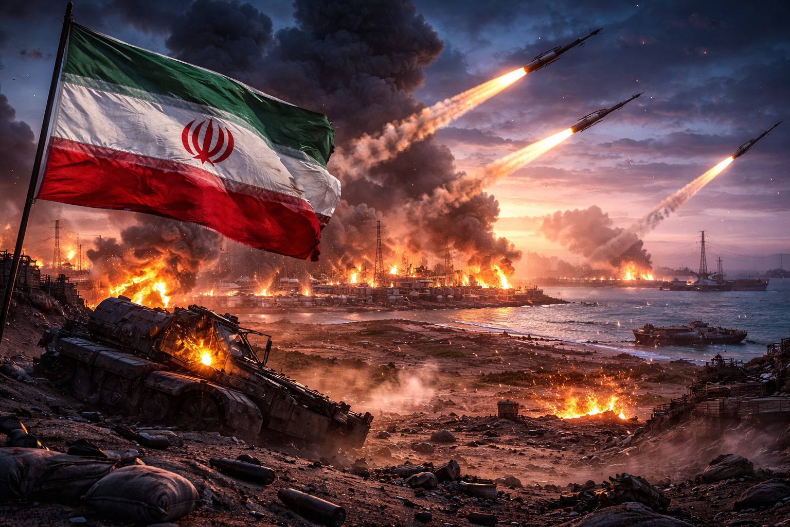 Illustration of Iran launching missiles and drones near the Strait of Hormuz during a regional conflict affecting global oil markets.