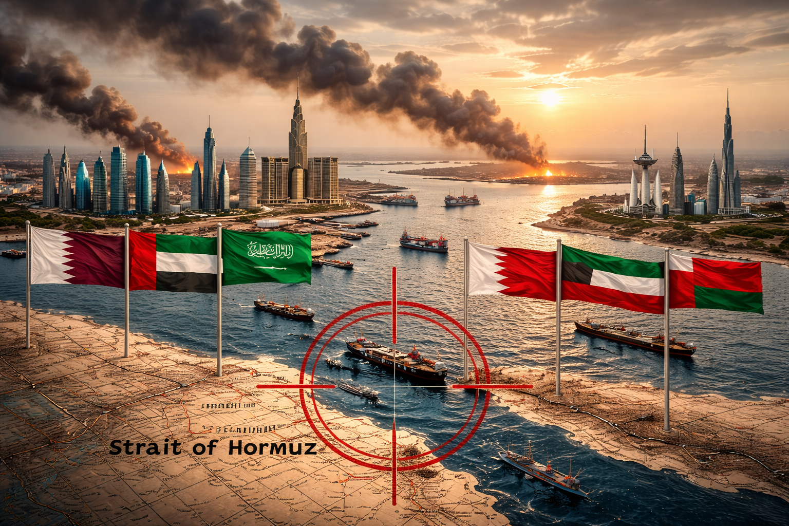 Oil tankers moving through the Strait of Hormuz at sunset with Gulf skyline and regional flags symbolizing the economic risks facing Gulf states during the Iran conflict.