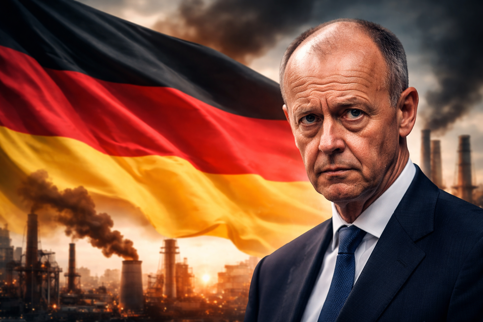 Portrait of Friedrich Merz with German flag and industrial smokestacks symbolizing Germany’s economic and energy crisis