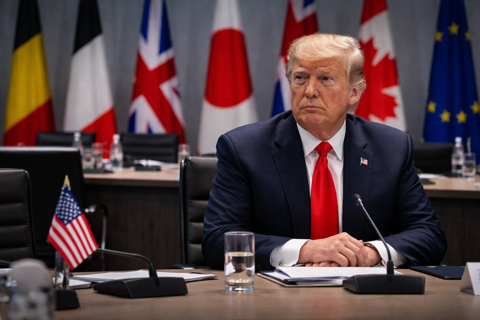 Former President Donald Trump sitting alone at a large international council table with flags of major countries behind him, looking isolated and contemplative.