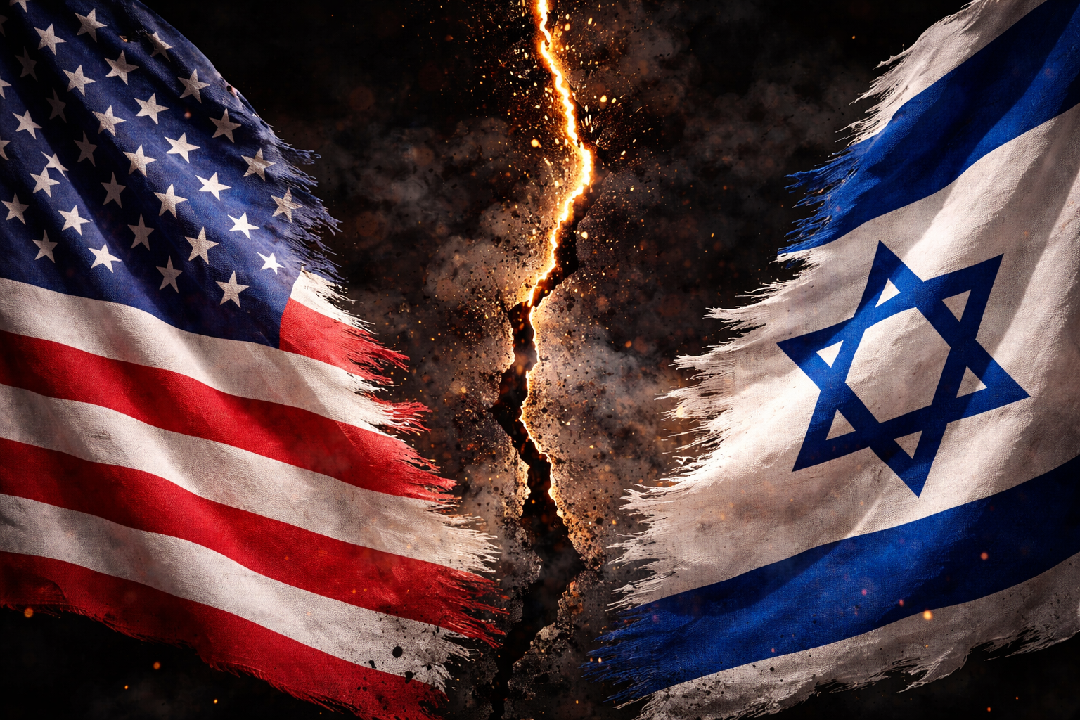 Torn U.S. and Israeli flags split apart by a fiery crack, symbolizing a breakdown in the long-standing alliance between the United States and Israel.