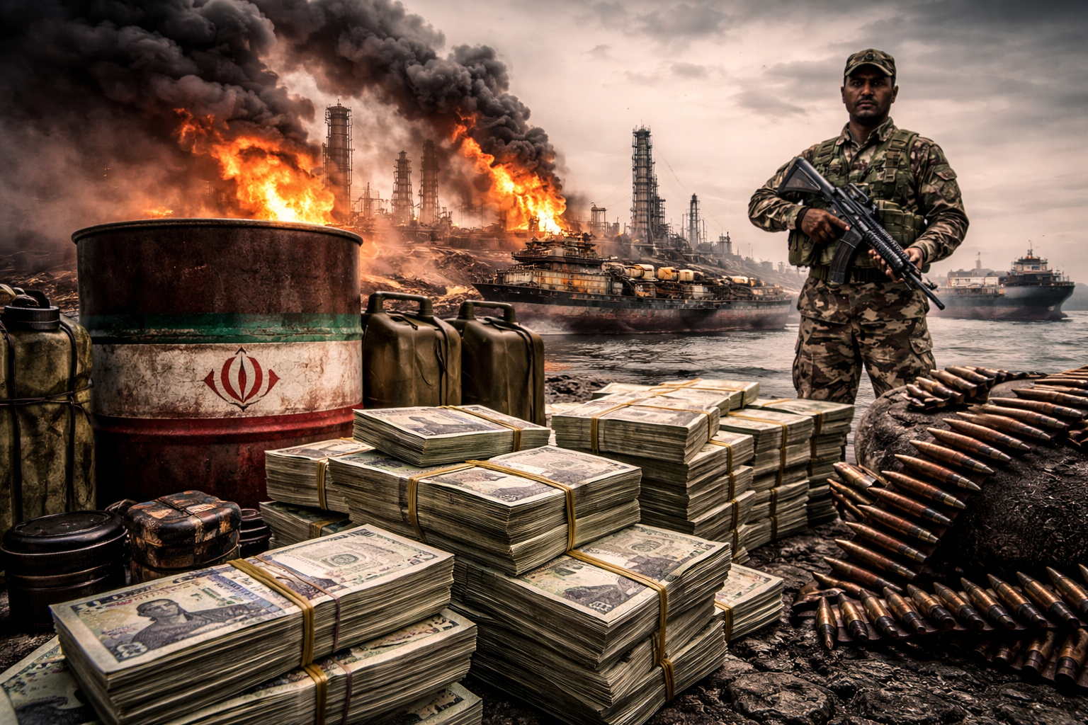 Stacks of Iranian rial beside weapons and burning oil facilities, illustrating how Iran funds its war effort despite a collapsing economy.
