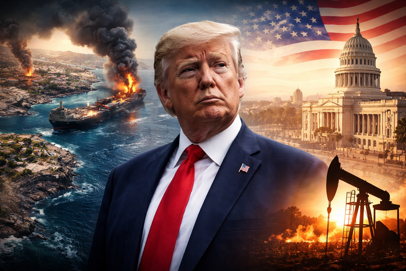 Illustration of global geopolitics showing the United States, Middle East conflict zone, and Caribbean region highlighting rising tensions over energy routes and strategic influence.