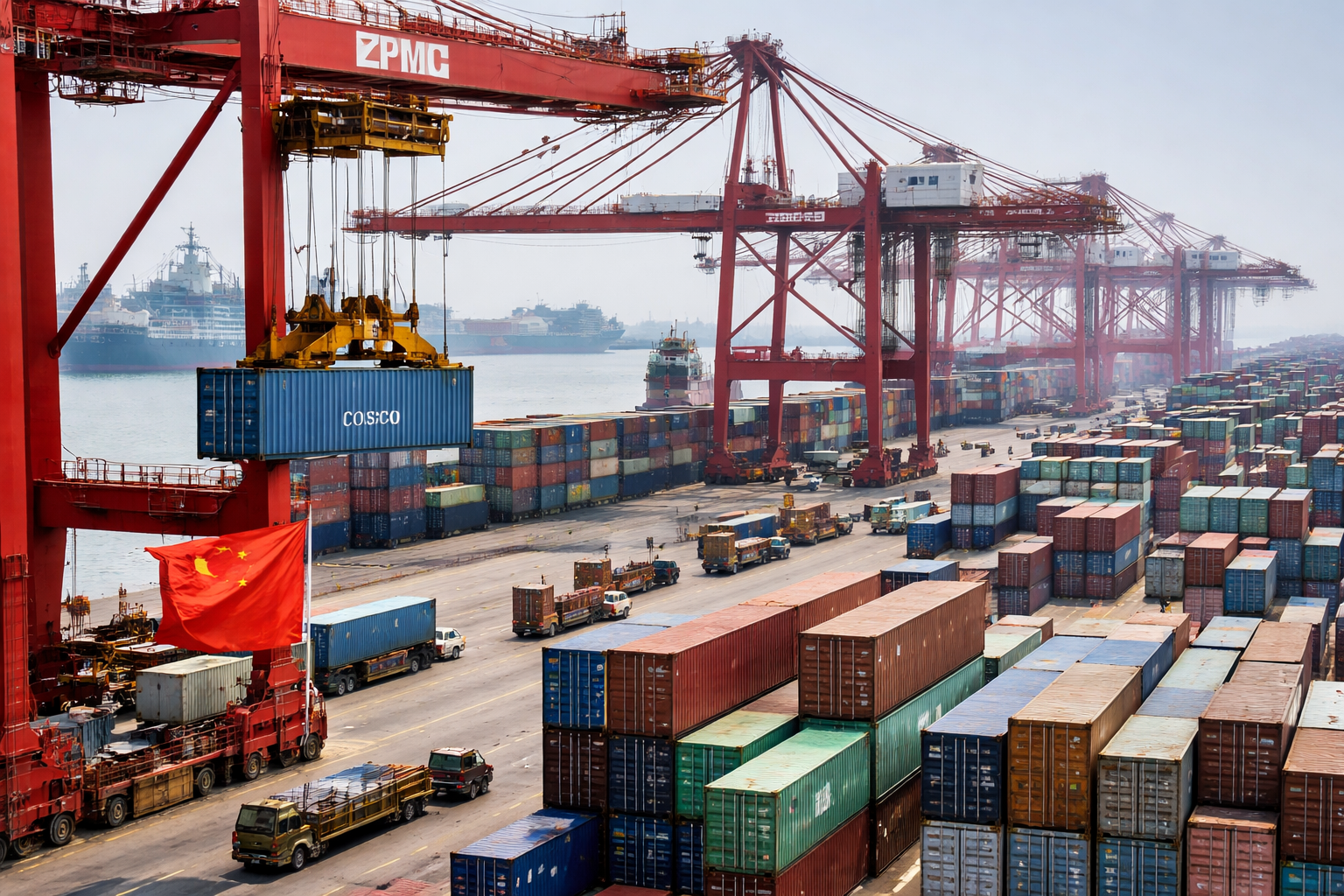 Cargo containers stacked at a Chinese shipping port with cranes loading containers onto ships